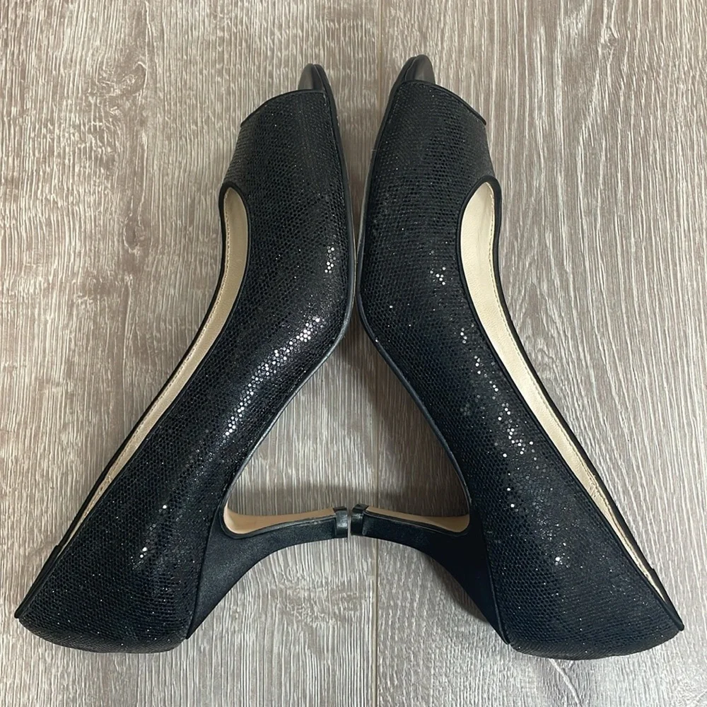 Caparros Black Sparkle Peep Toe Open Toe Pump Heels 8B